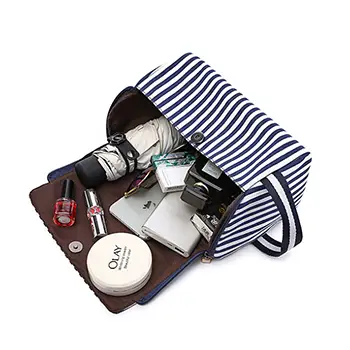 Custom Portable Striped Canvas Wholesale Cosmetic Bags Hanging Womens Toiletry Bag